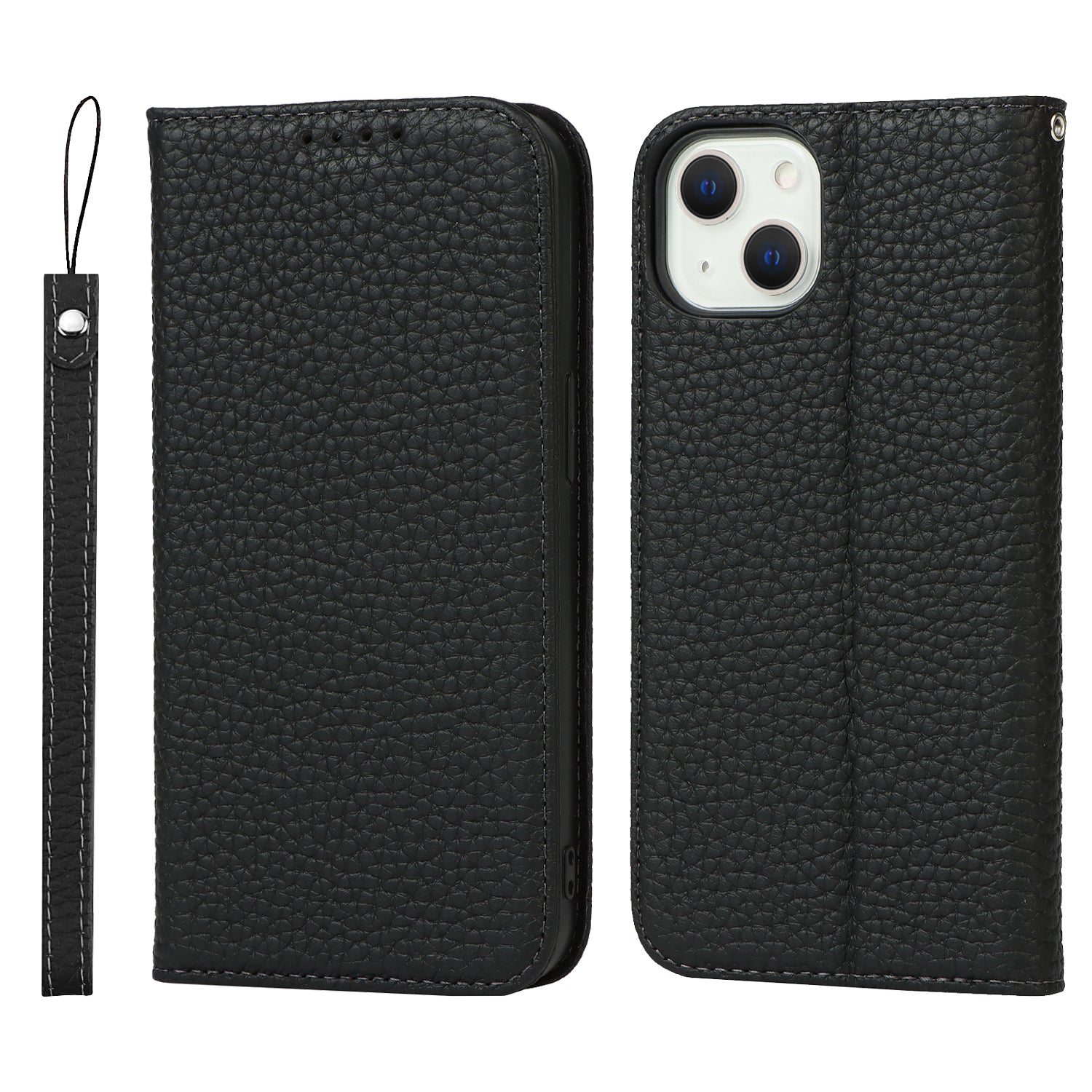 Drop-proof Phone Case for iPhone 14 Genuine Leather Litchi Texture Cell Phone Cover Wallet Stand Drop-proof Phone Case for iPhone 14 Genuine Leather Litchi Texture Cell Phone Cover Wallet Stand